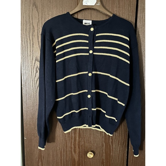 Leslie Fay Sweaters - Leslie Fay Navy Blue Gold Metallic Striped Nautical Anchor Button Cardigan L
